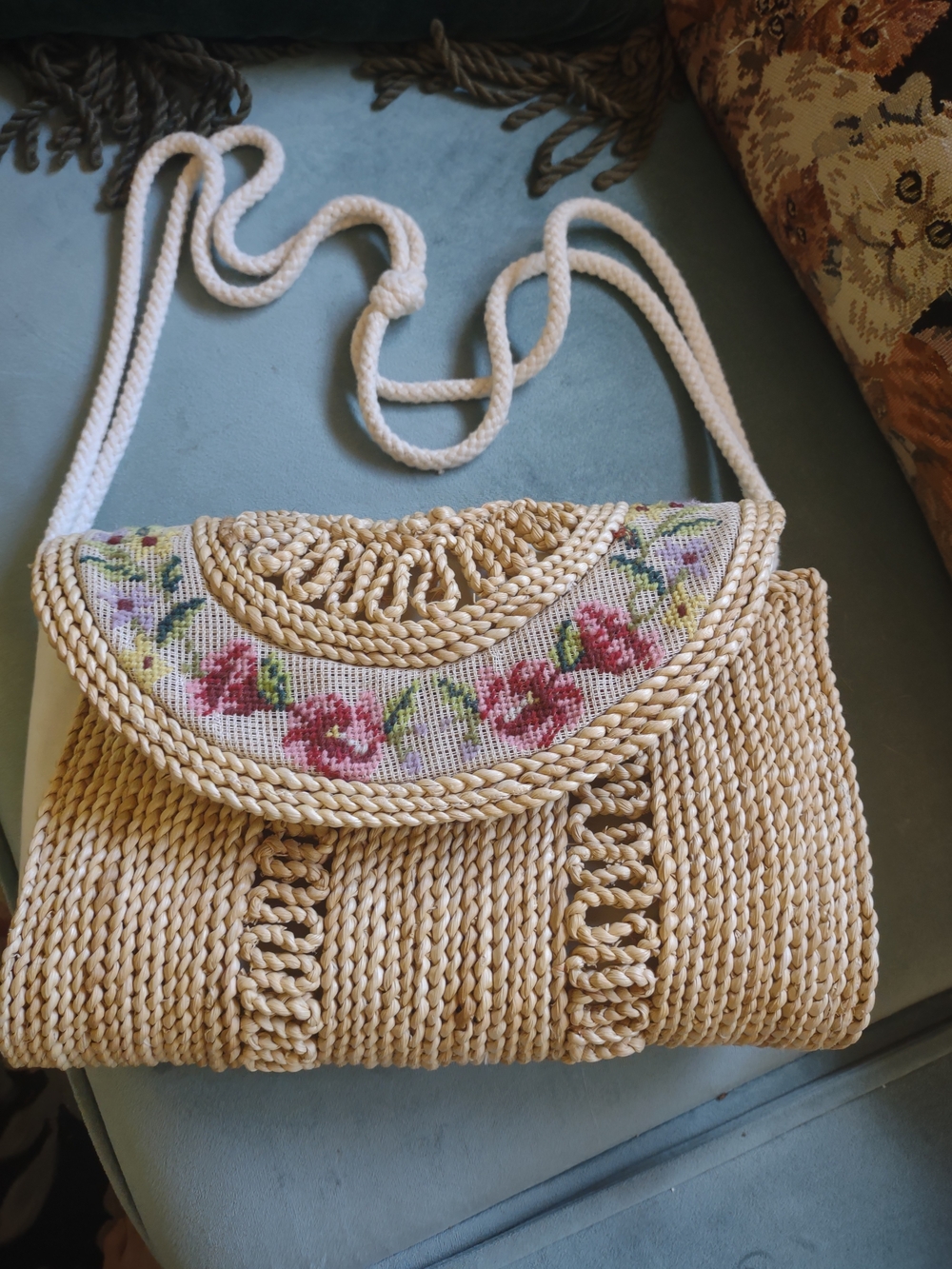 Cream Straw Crossbody with Pink Floral Needlepoint Flap